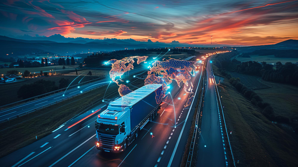 Camion de transport international sur autoroute avec carte du monde numérique & logistique mondiale